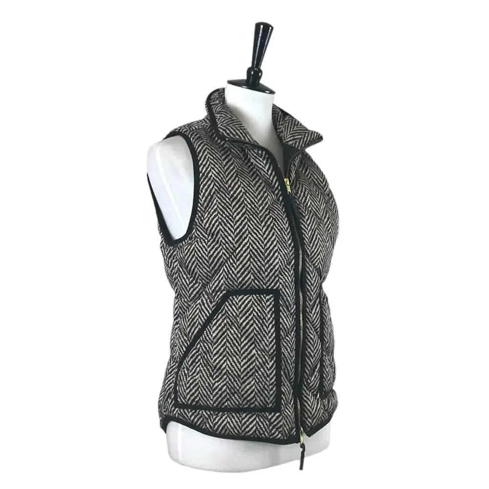 J.Crew Vest Down Filled Quilted Puffer Herringbone Black Tan Women’s Size Small
